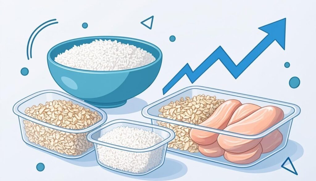 Contenitori di meal prep con riso, pollo e avena e freccia di crescita: alimentazione per la massa