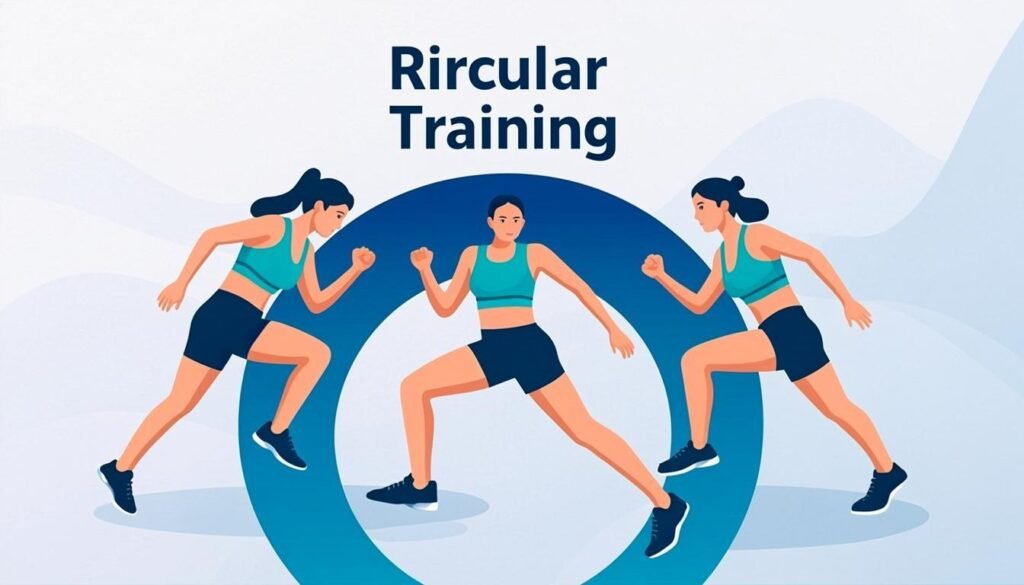 Stazioni di circuit training disposte in cerchio con atleta in movimento