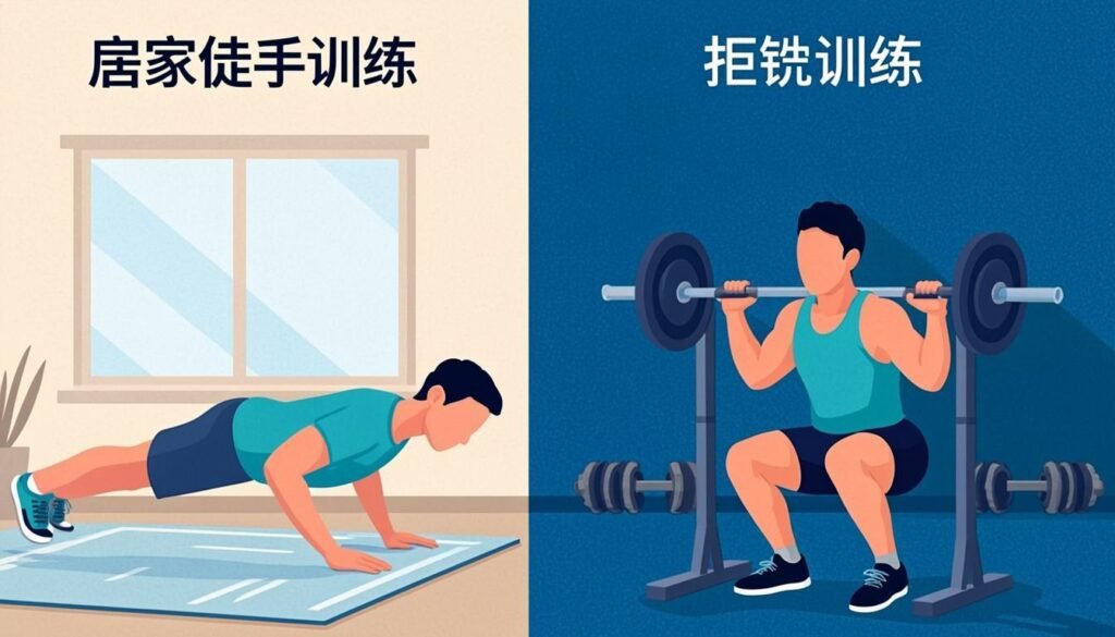 Scena divisa: allenamento a corpo libero a casa e con bilancieri in palestra