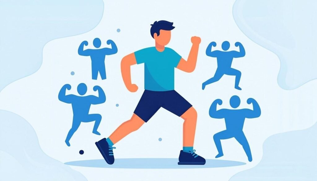 Atleta circondato da icone di esercizi per tutto il corpo: l'allenamento full body
