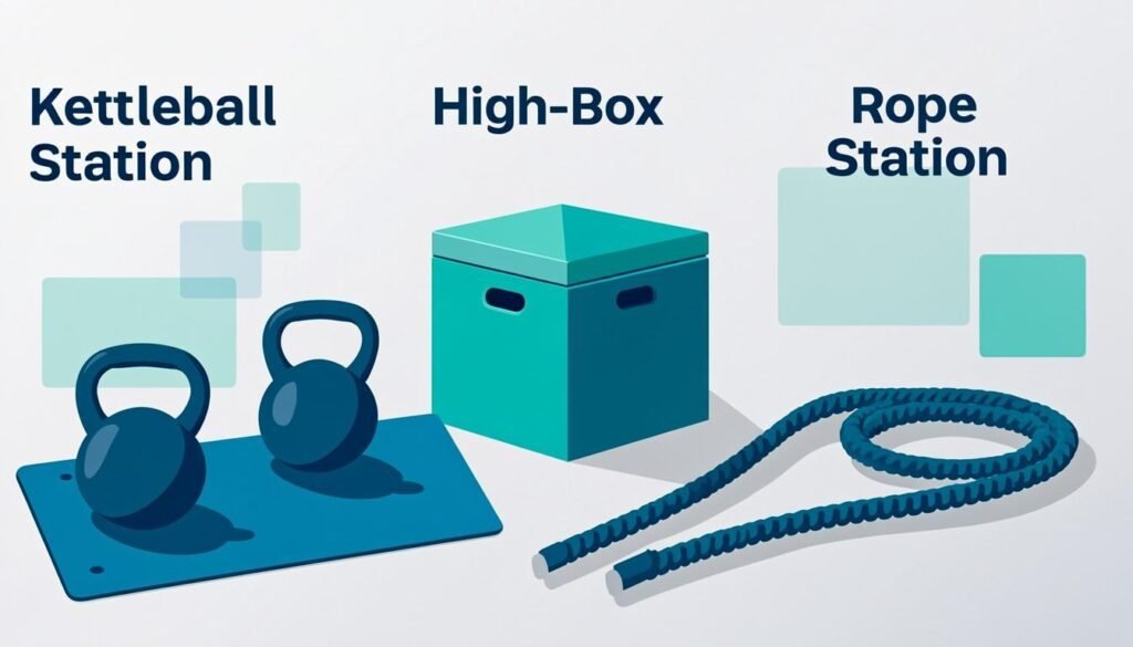 Stazioni di allenamento funzionale con kettlebell, corde e plyo box