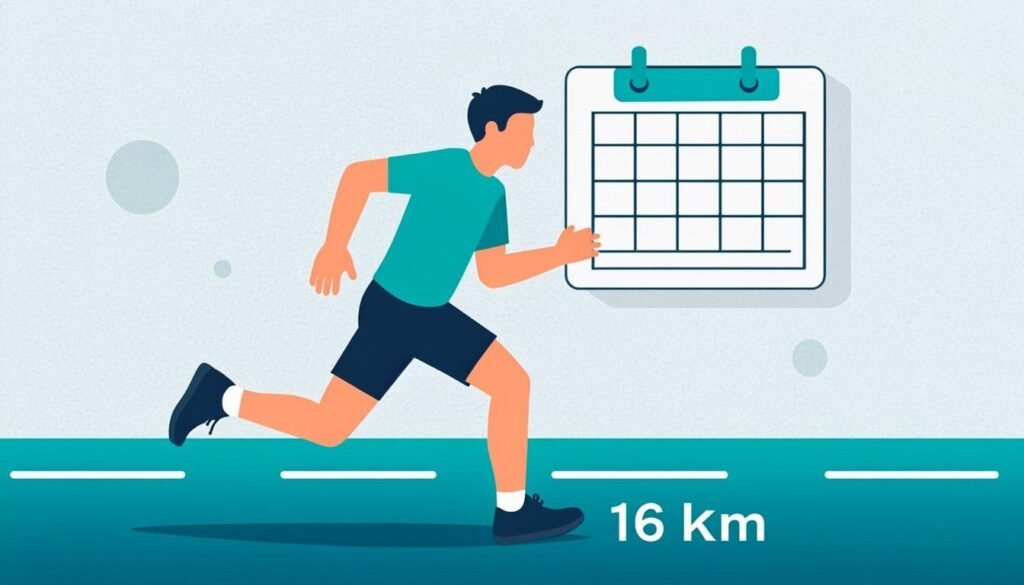 Maratoneta su strada con calendario di 16 settimane e marcatori dei chilometri
