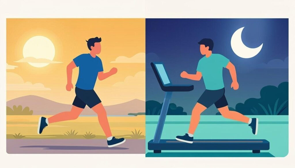 Scena divisa: corsa al mattino con il sole e allenamento in palestra la sera con la luna