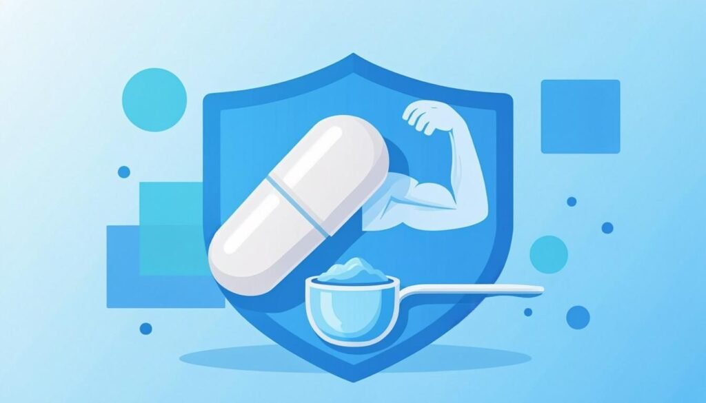 Capsule e misurino di BCAA con icona protettiva dei muscoli
