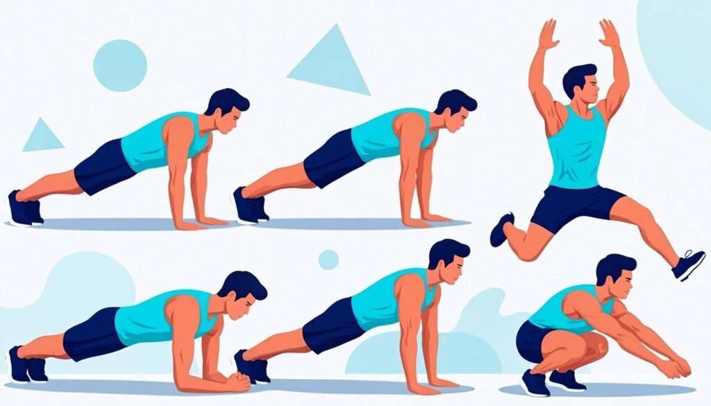 Sequenza del burpee dalla flessione al salto esplosivo