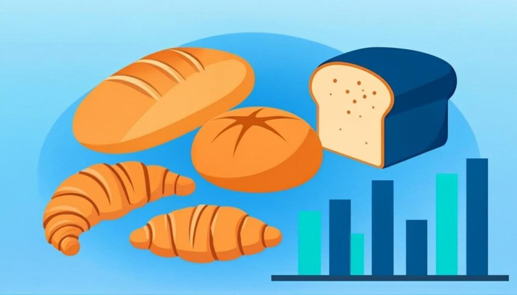 Tipi di pane disposti con un grafico di confronto delle calorie
