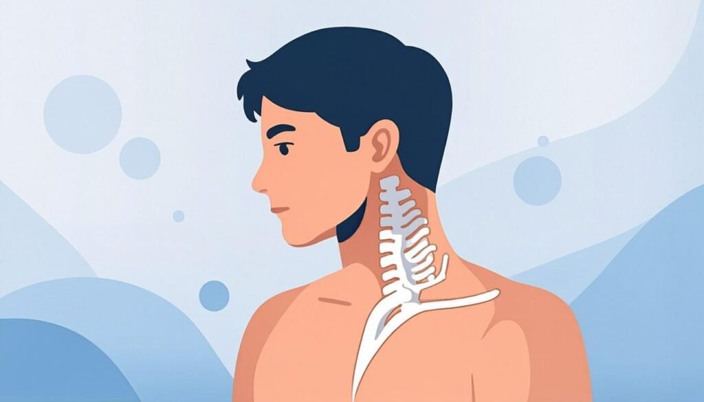Esercizio di stretching per il collo con la zona cervicale evidenziata