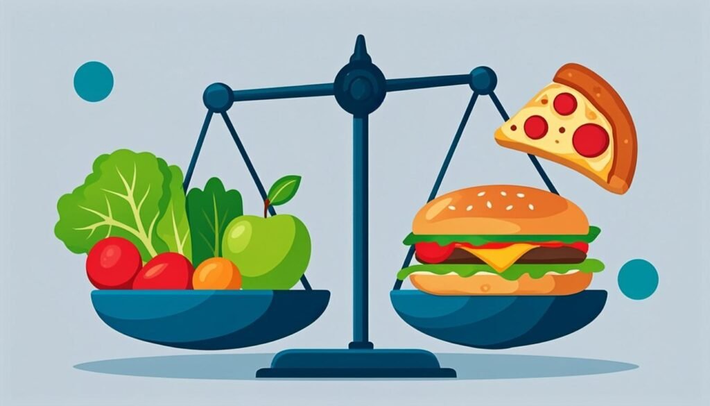 Hamburger e pizza a confronto con un pasto equilibrato su una bilancia: il cheat meal