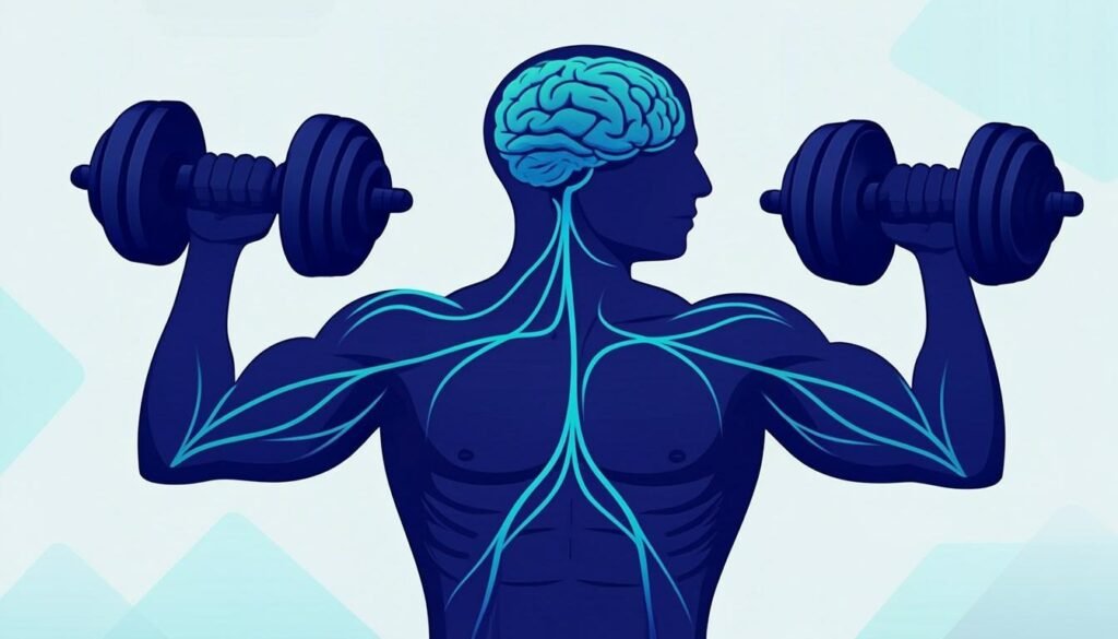 Atleta con linea luminosa tra cervello e muscolo: la connessione mente-muscolo