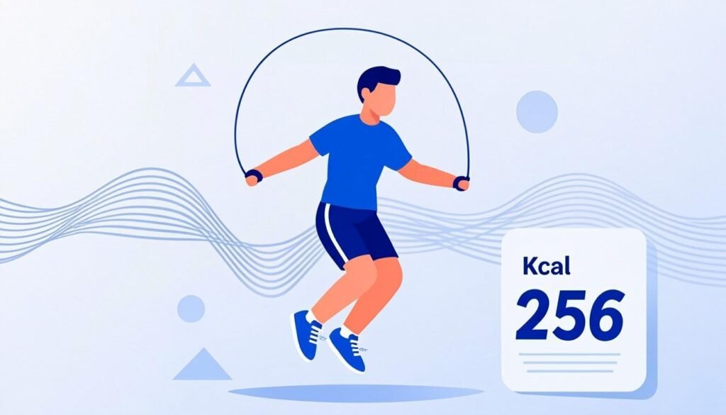 Atleta con la corda per saltare, contatore calorie e onde di ritmo