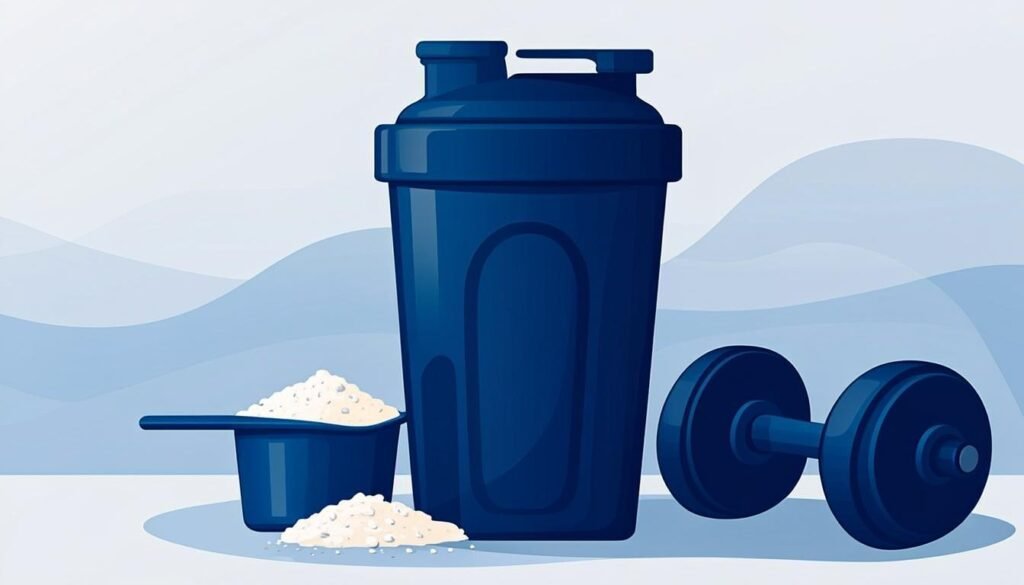 Shaker con misurino di creatina in polvere accanto a un manubrio