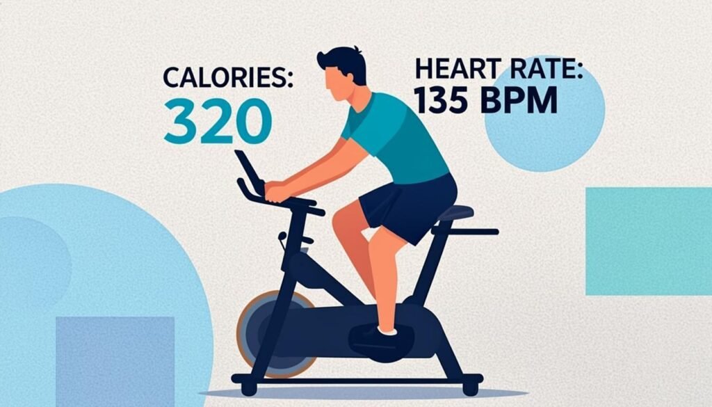 Persona sulla cyclette con display di calorie e frequenza cardiaca