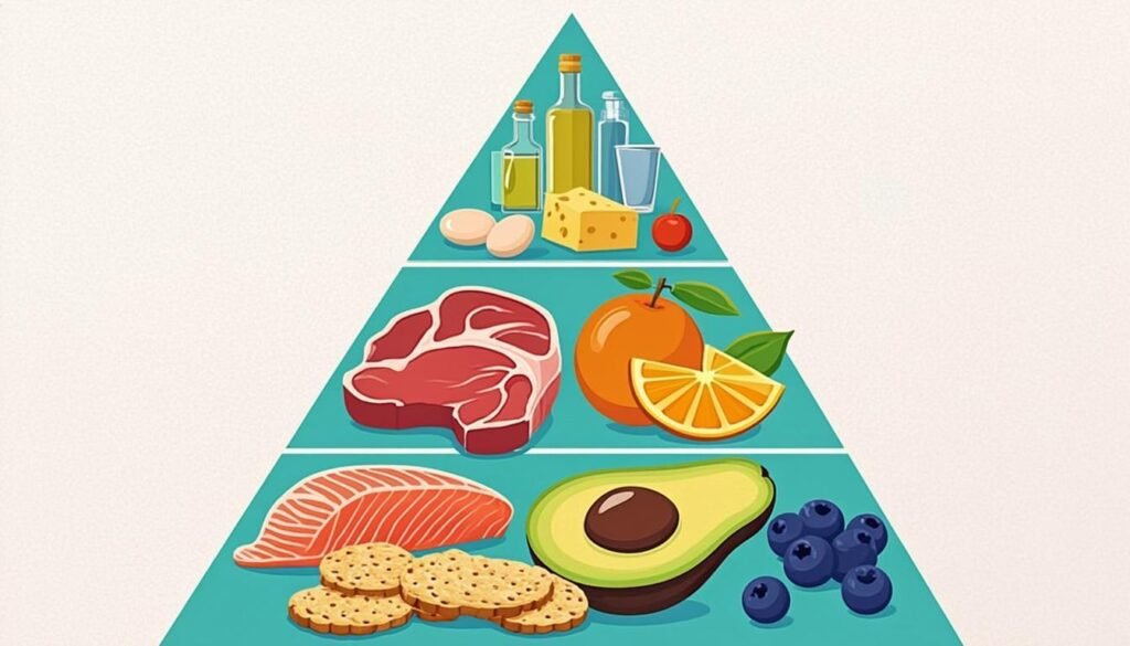 Piramide alimentare chetogenica con grassi, avocado e pochi carboidrati