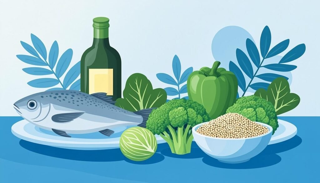 Tavola mediterranea con olio d'oliva, pesce, verdure e cereali: la dieta mediterranea
