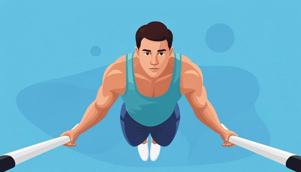 Atleta che esegue i dip alle parallele con i tricipiti in lavoro