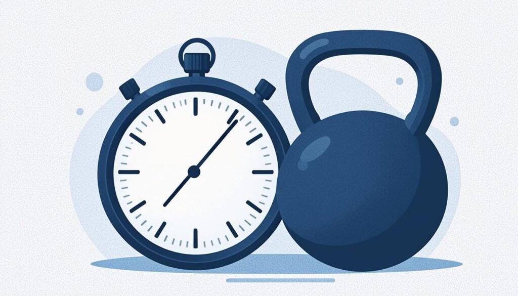 Cronometro con intervalli al minuto accanto a un kettlebell: l'allenamento EMOM