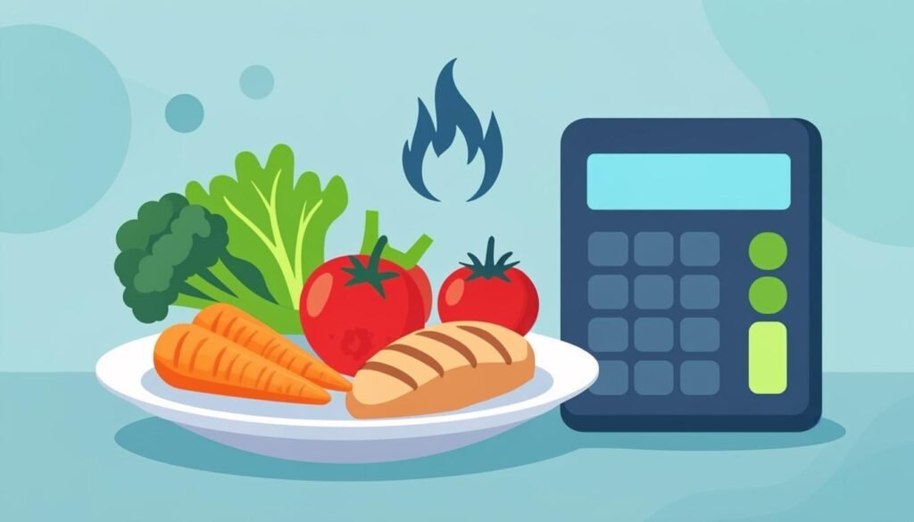 Piatto equilibrato con calcolatore e fiamma: come calcolare il fabbisogno calorico giornaliero tra BMR e TDEE