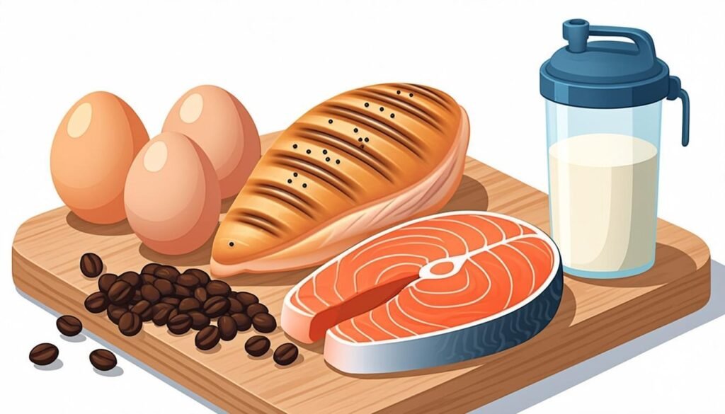 Alimenti ricchi di proteine: uova, petto di pollo, salmone, lenticchie e shaker per il fabbisogno proteico