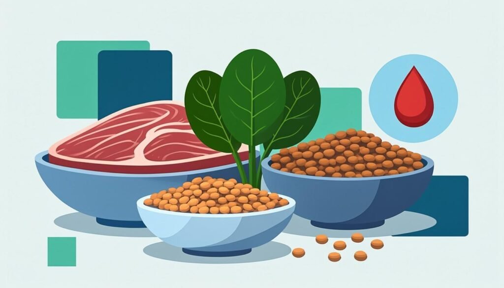 Alimenti ricchi di ferro: carne, spinaci e lenticchie con il simbolo del ferro