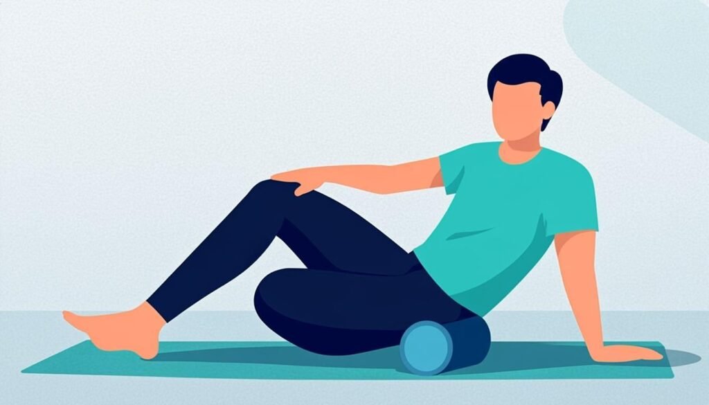 Persona che si massaggia la gamba con il foam roller su tappetino