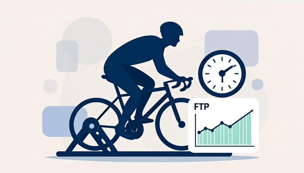 Ciclista su rullo con misuratore di potenza e grafico del test FTP
