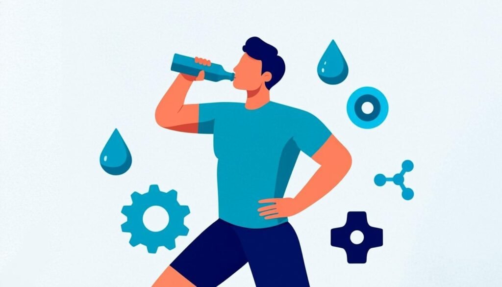 Atleta che beve da una borraccia con gocce e minerali: l'idratazione sportiva