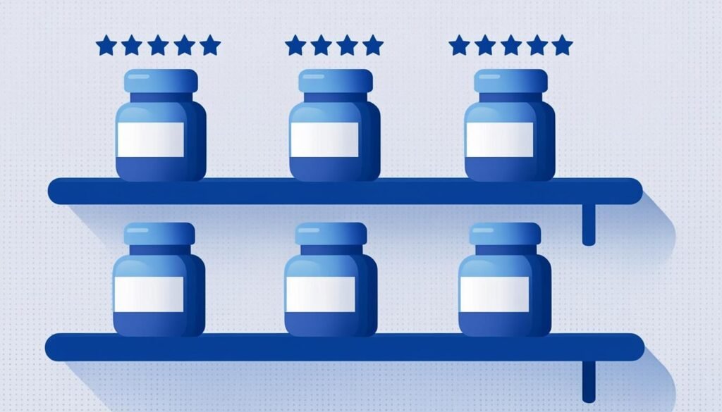 Scaffale di integratori con valutazione di efficacia a stelle: quali funzionano