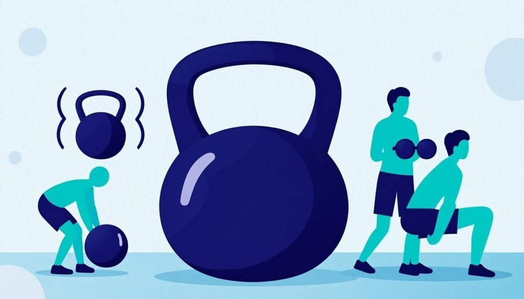 Kettlebell con icone di esercizi: swing, goblet squat e turkish get up