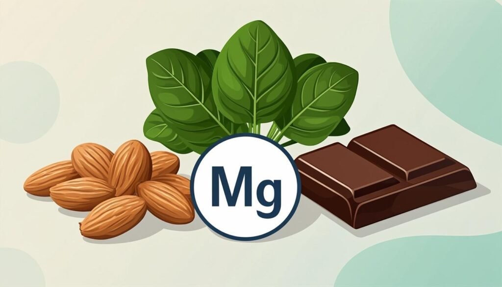 Fonti di magnesio: mandorle, spinaci e cioccolato fondente con l'icona Mg