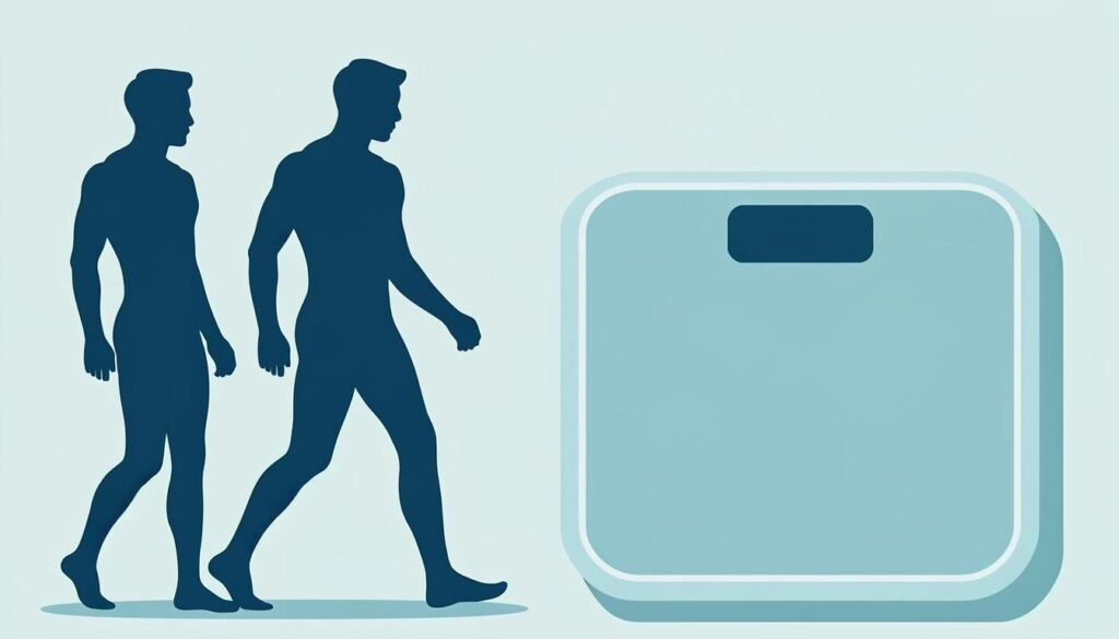 Confronto tra due silhouette atletiche e bilancia di composizione corporea: massa magra vs massa grassa