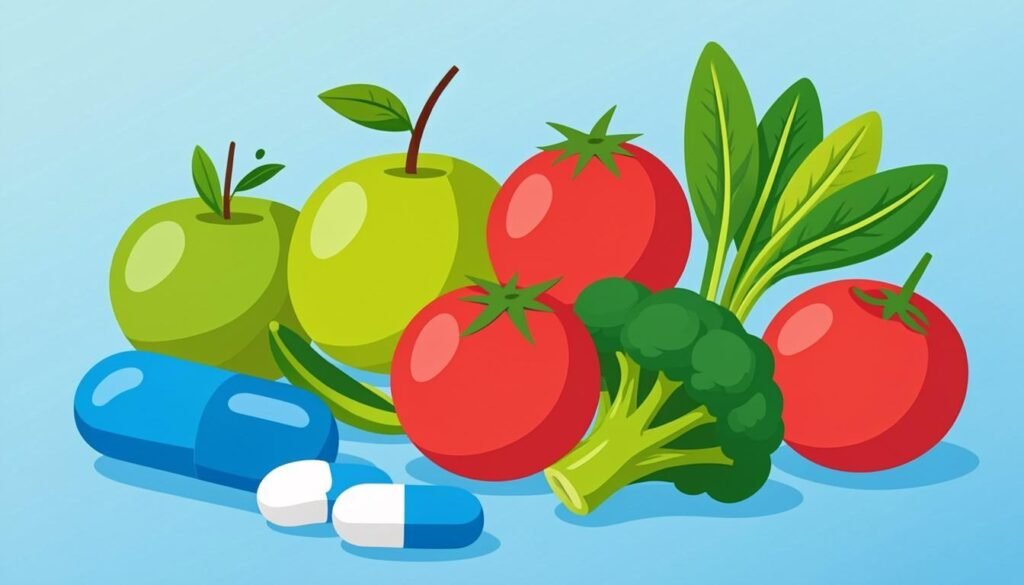 Tavola colorata di vitamine e minerali con frutta, verdura e capsule