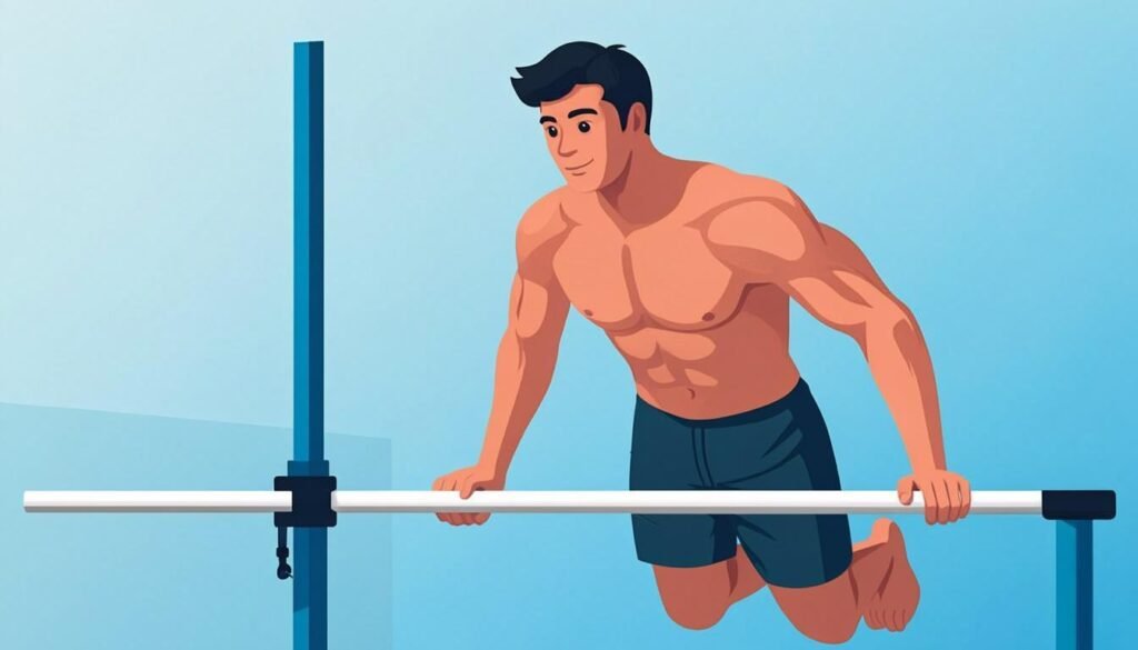 Atleta che esegue il muscle up alla sbarra con passaggio esplosivo sopra la sbarra
