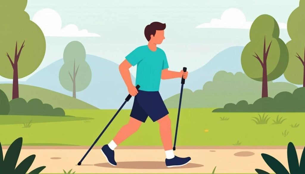 Camminatore con bastoni da nordic walking su un sentiero nel parco