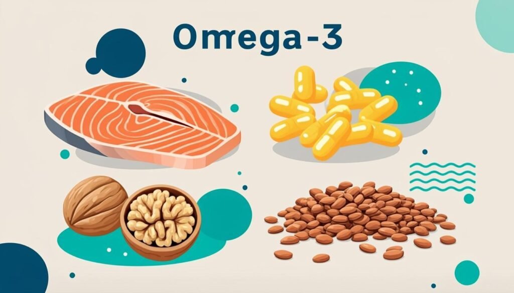 Fonti di omega 3: salmone, capsule di olio di pesce, noci e semi di lino
