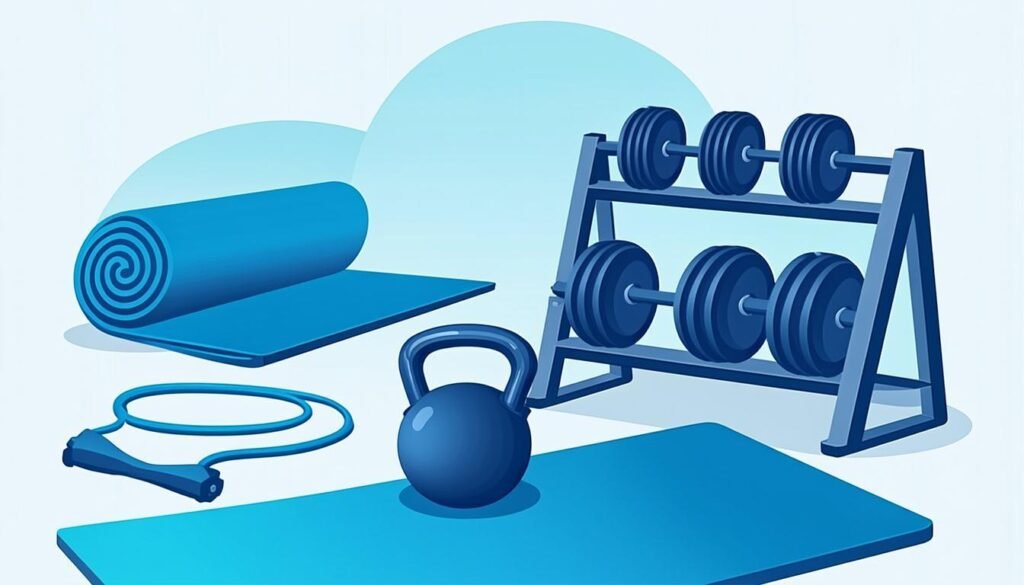 Angolo palestra in casa con manubri, kettlebell, tappetino e fasce elastiche: gli attrezzi essenziali