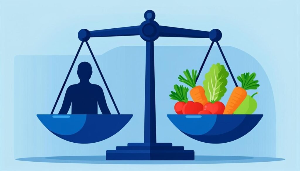 Bilancia a due piatti tra silhouette e cibo sano: il calcolo del peso forma