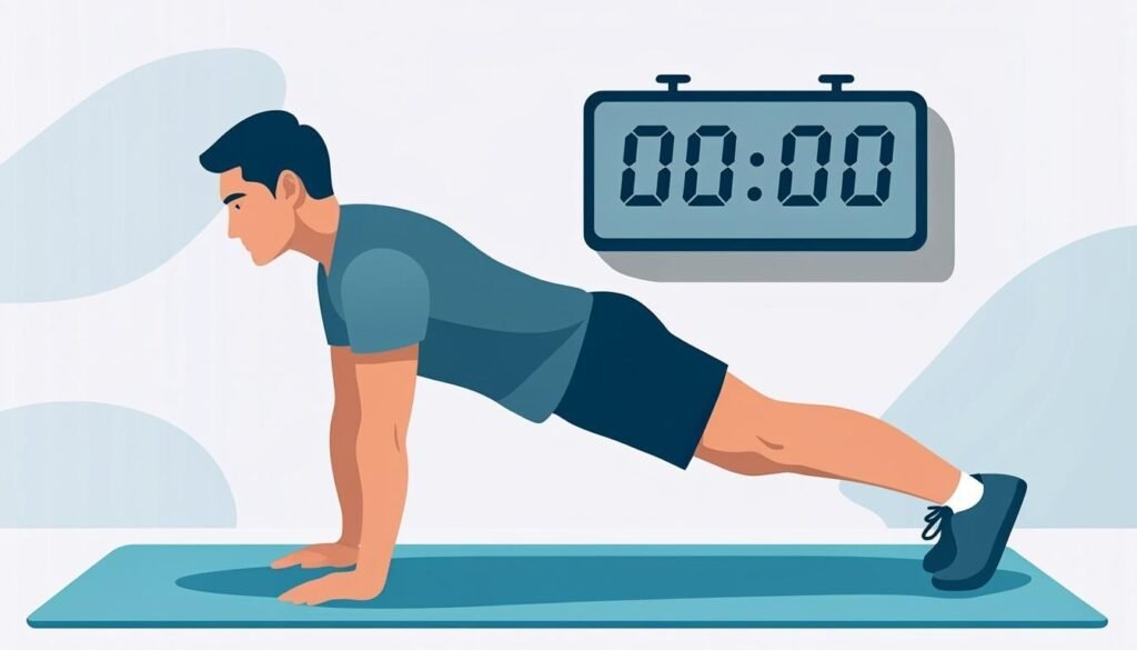 Atleta in plank con linea di allineamento retta e cronometro