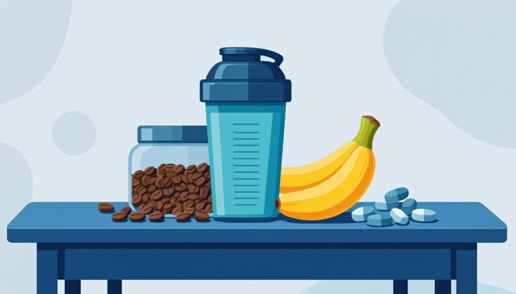 Ingredienti pre workout su una panca: shaker, chicchi di caffè, banana e capsule