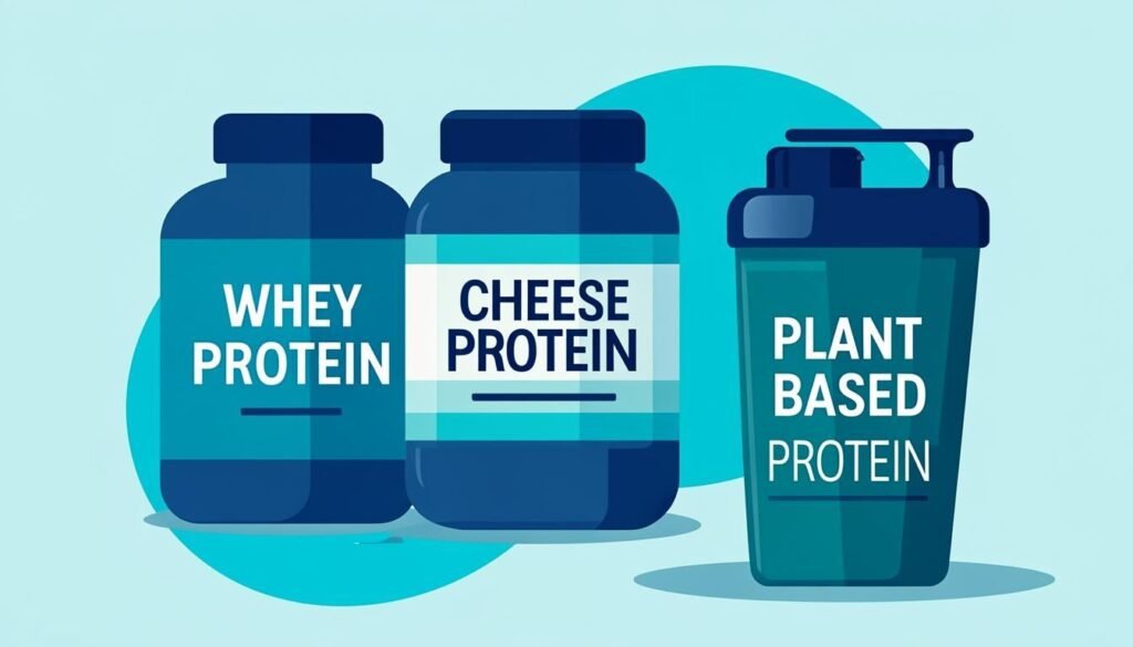 Barattoli di proteine a confronto: whey, caseina e vegetali con uno shaker
