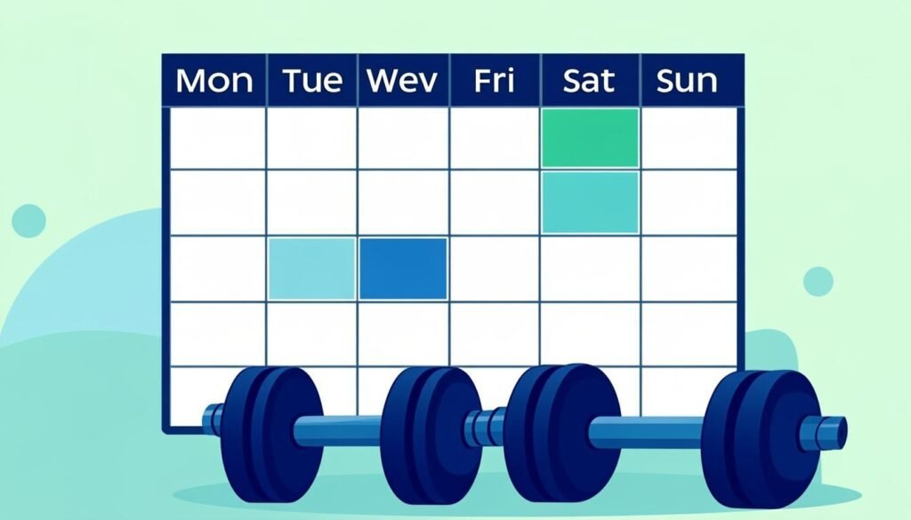 Calendario settimanale con giorni di allenamento evidenziati e manubri: la frequenza ideale