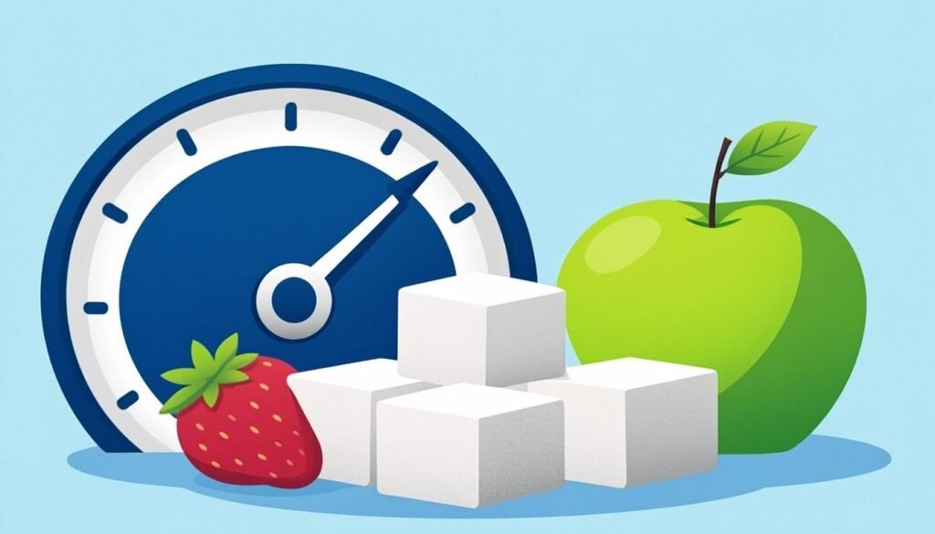 Cubetti di zucchero con indicatore del limite giornaliero e frutta fresca