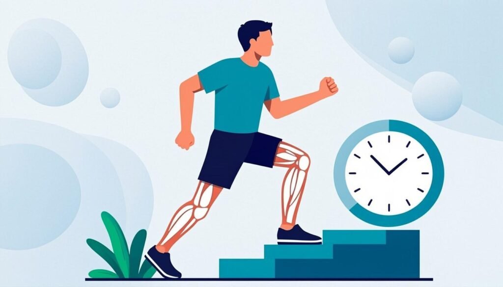 Persona che sale le scale con contatore calorie e gambe evidenziate