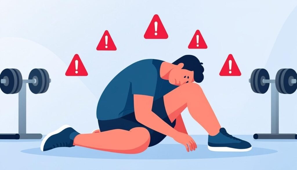 Atleta esausto seduto sul pavimento della palestra con segnali di allarme: il sovrallenamento