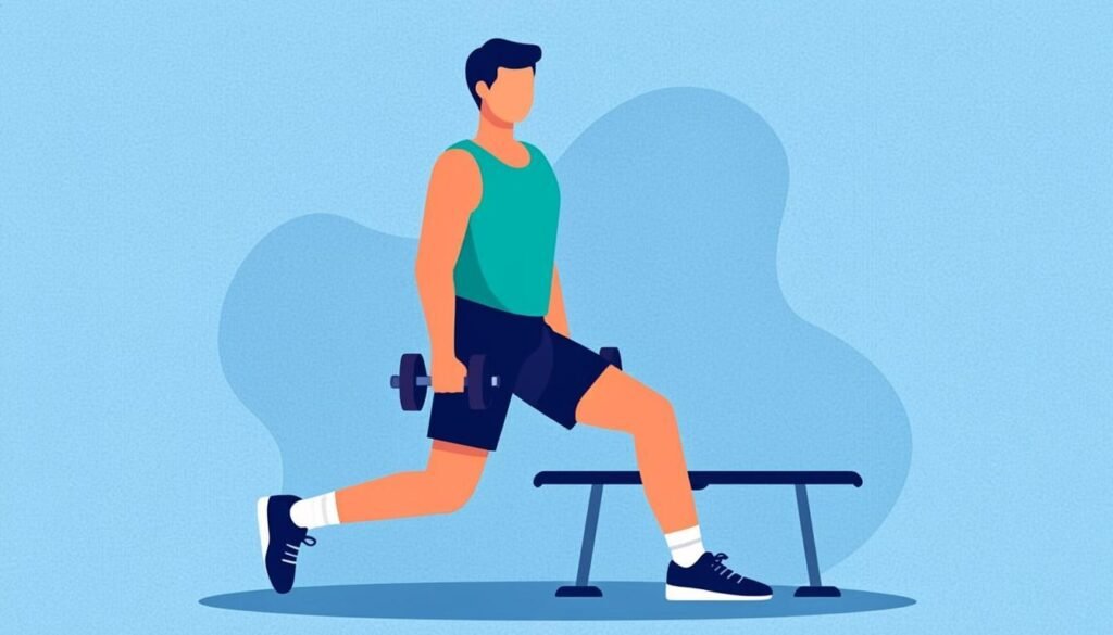 Atleta che esegue lo split squat bulgaro con piede posteriore su panca e manubri in mano