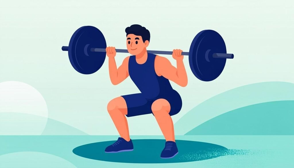 Atleta che esegue lo squat con bilanciere: postura corretta vista laterale