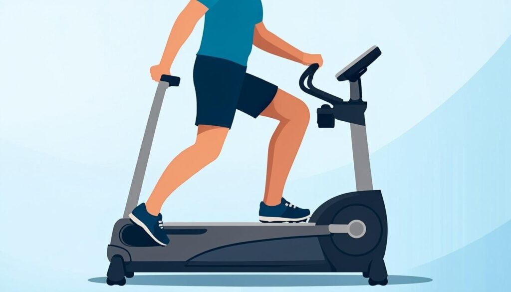 Persona su uno stepper con gambe evidenziate e contatore calorie