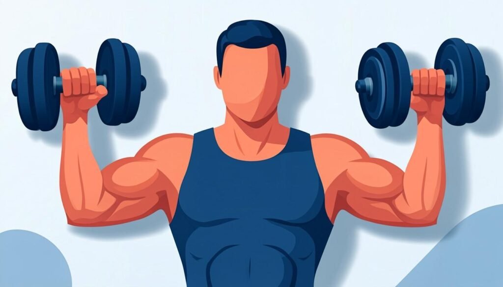 Atleta che esegue gli shrug con manubri con il trapezio evidenziato
