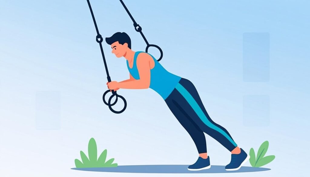 Atleta che si allena con le cinghie TRX in sospensione, vista laterale dinamica