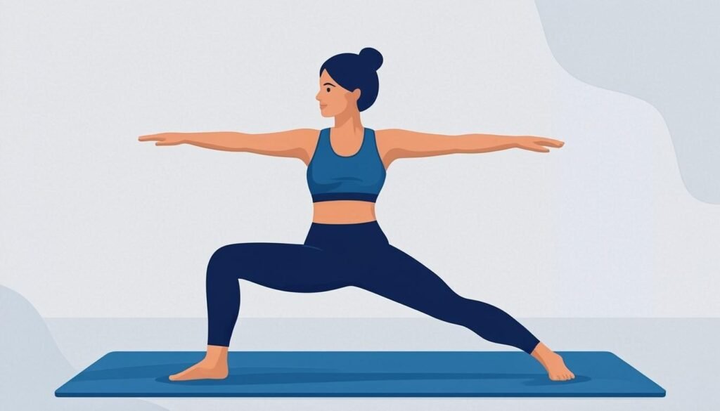 Praticante di yoga nella posa del guerriero su tappetino in uno studio tranquillo