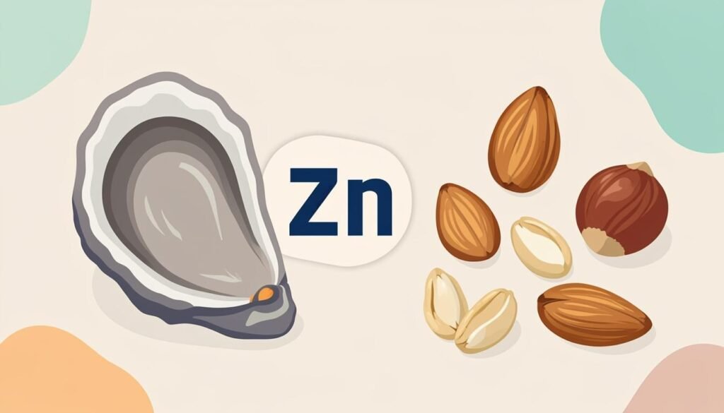 Alimenti ricchi di zinco: ostriche, frutta secca e semi con l'icona del minerale